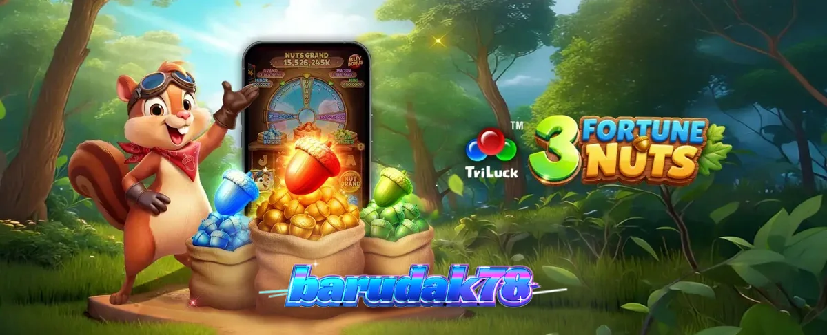 Tampilan visual slot 3 Fortune Nuts dengan tema hutan dan tupai